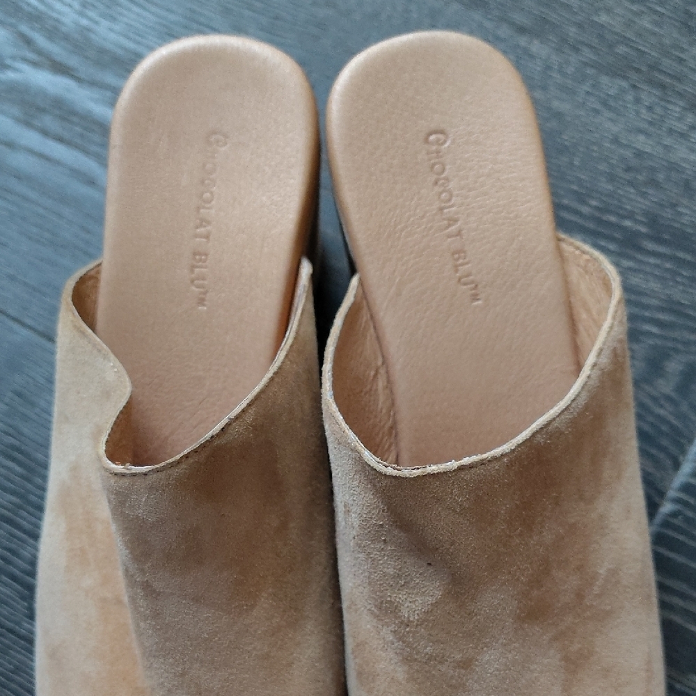 Chocolat Blu Tan Mules with Suede-Like Finish